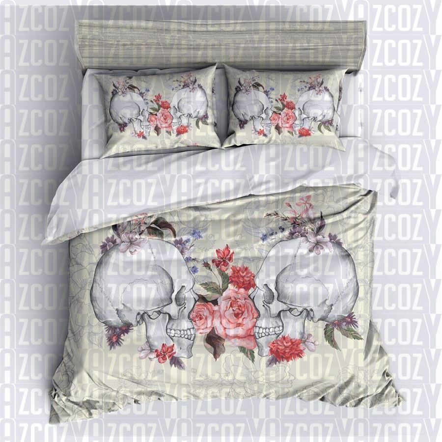 Face To Face Skull Flowers Bedding Set
