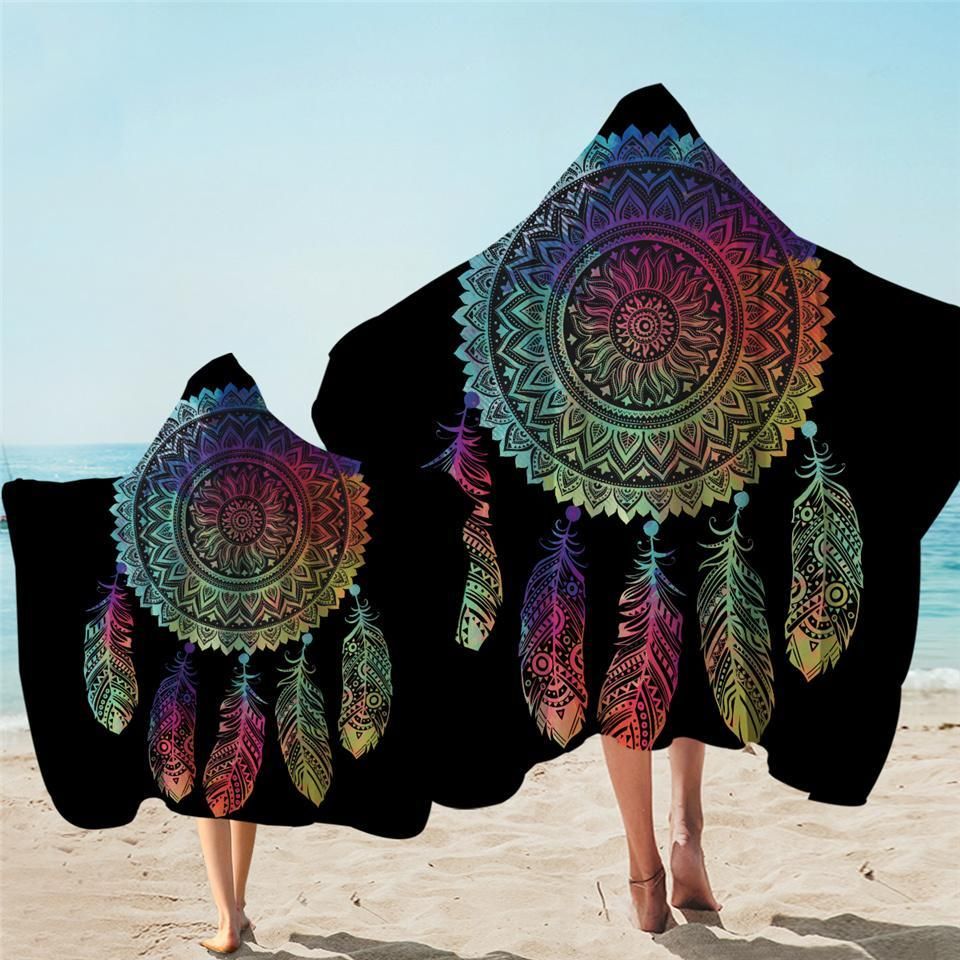 Faded Color Dream Catcher On Black Printed Hooded Towel