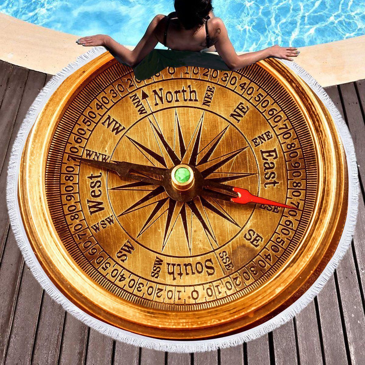 Fair Wind Brown Compass Printed Round Beach Towel