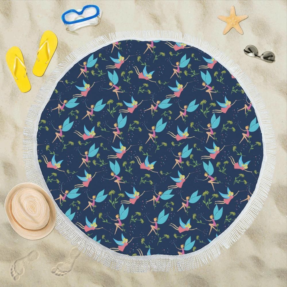 Fairy With Flower Print Pattern Round Beach Towel