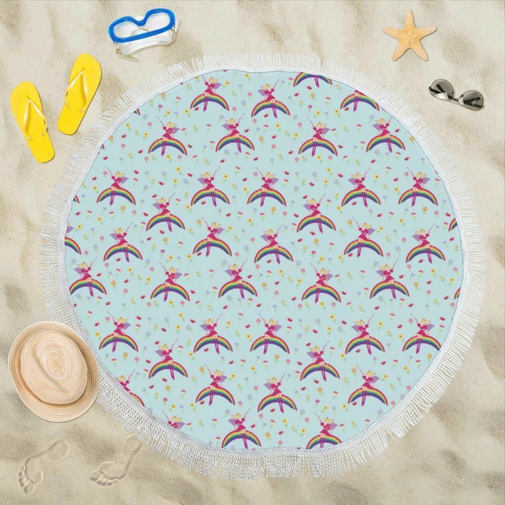 Fairy With Rainbow Print Pattern Round Beach Towel