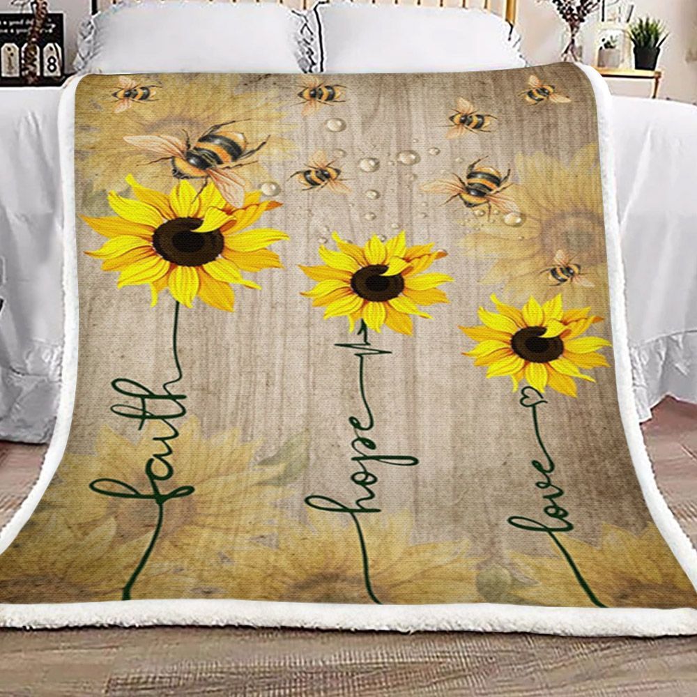 Faith Hope Love Sunflower Bee Sherpa Fleece Blanket