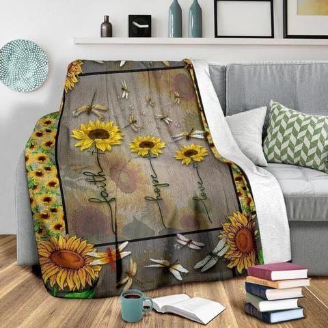 Faith Love Hope Dragonflies Sunflower Sherpa Fleece Blanket