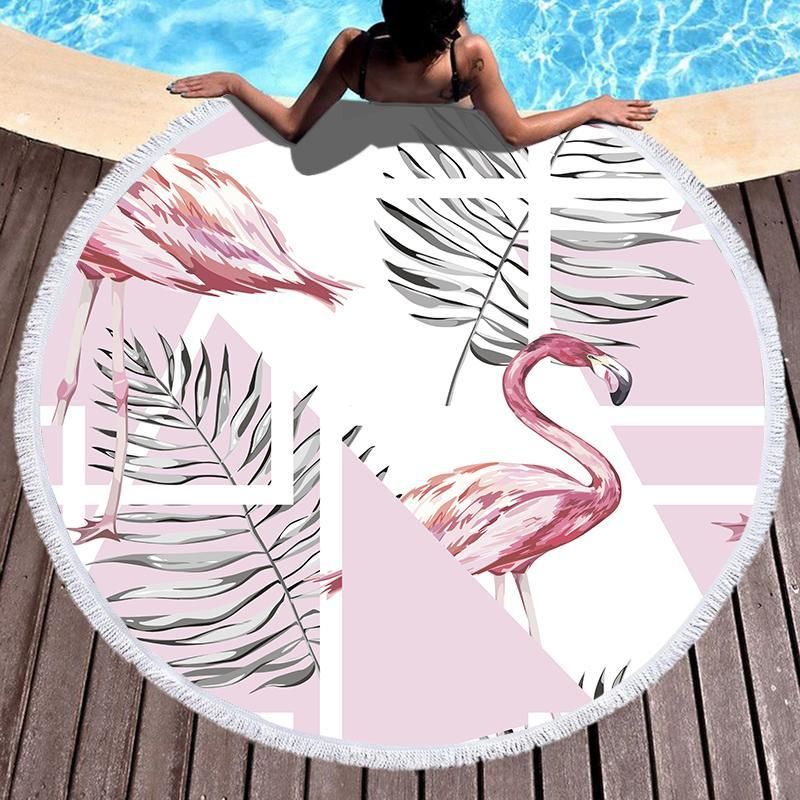 Famingo And Leaves Collage Printed Round Beach Towel