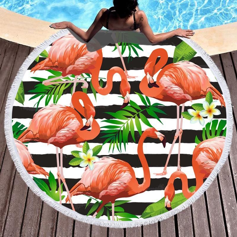 Famingo And Leaves Striped Printed Round Beach Towel