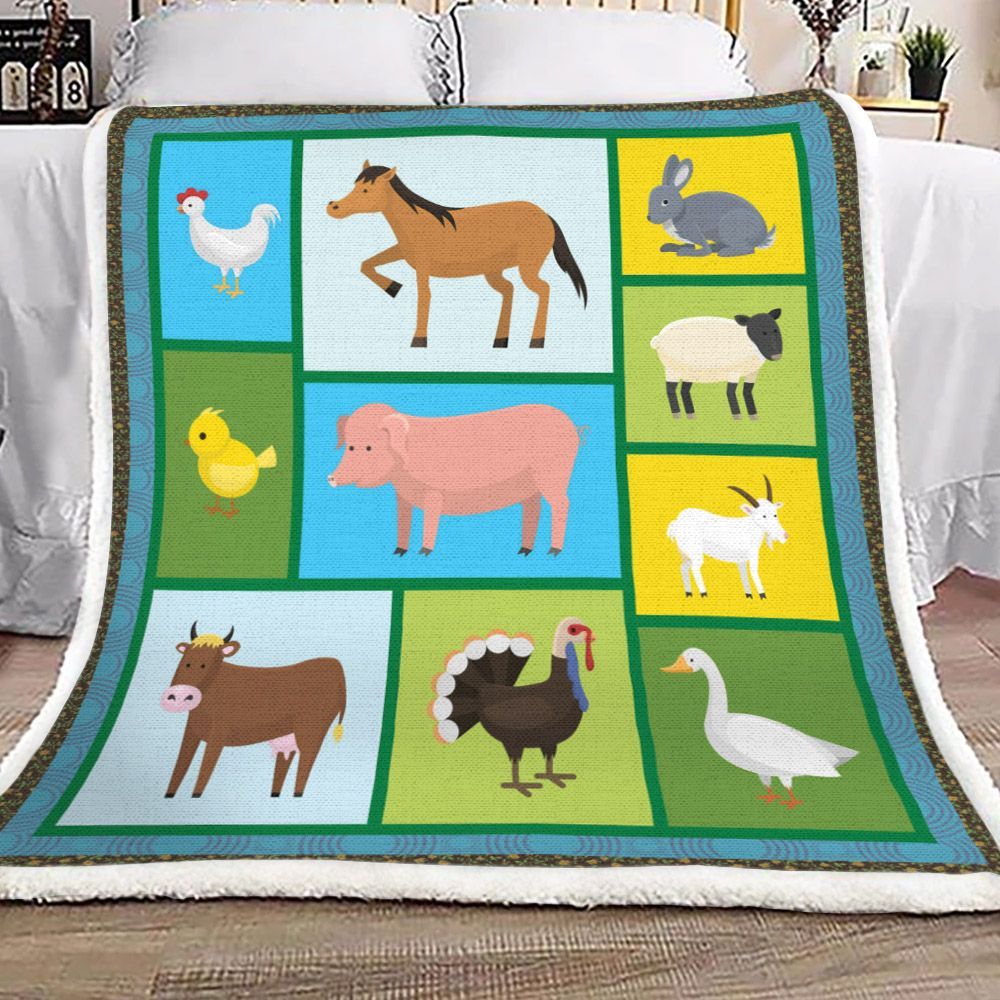 Farm Animalss Chicken Horse Duck Goat Rabbit Pig And Cow Sherpa Fleece Blanket