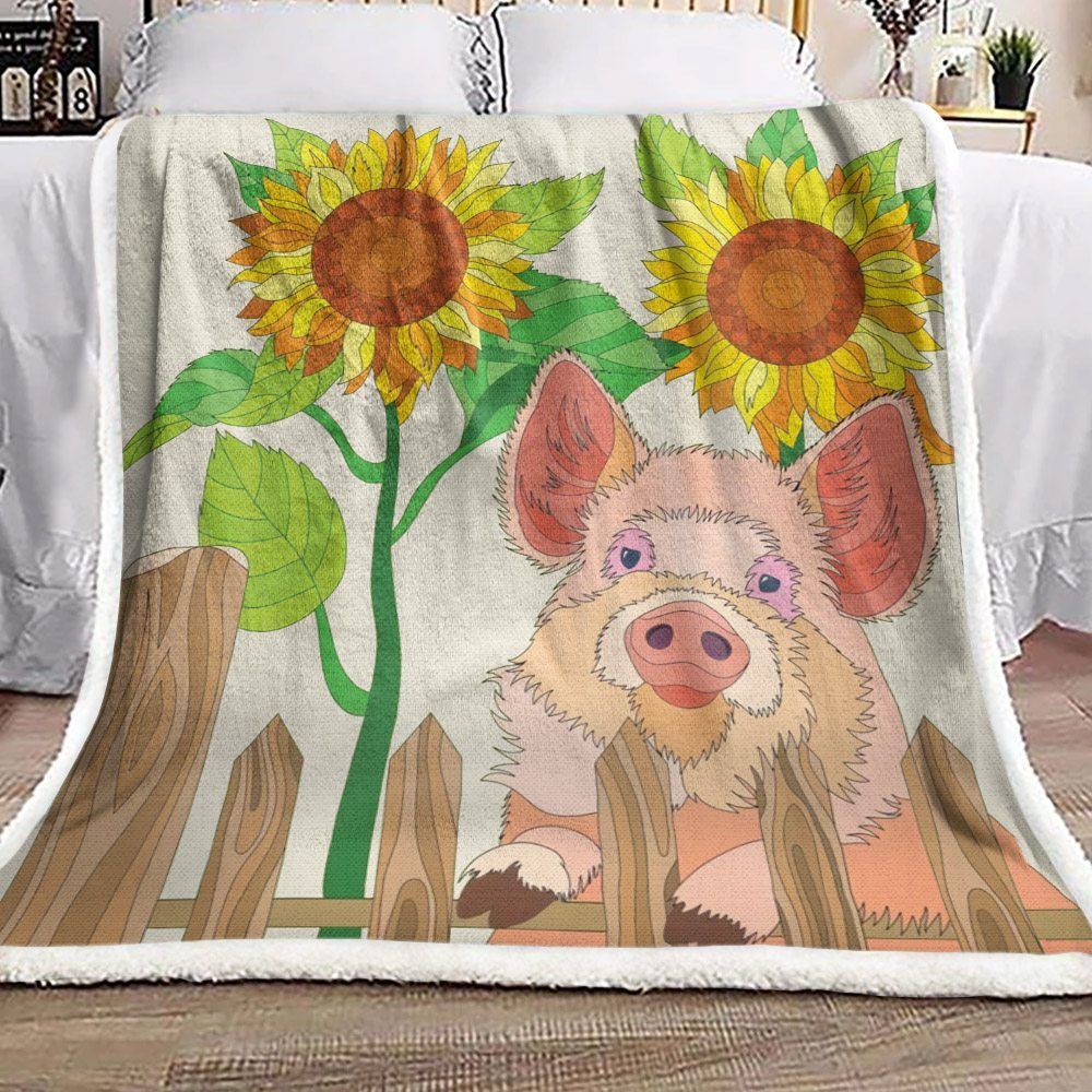 Farm Pig Sunflower Sherpa Fleece Blanket