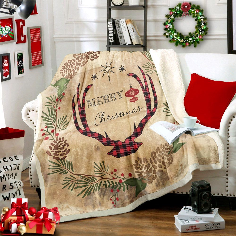 Farmhouse Christmas Lodge Deer Antlers With Wreath Sherpa Fleece Blanket