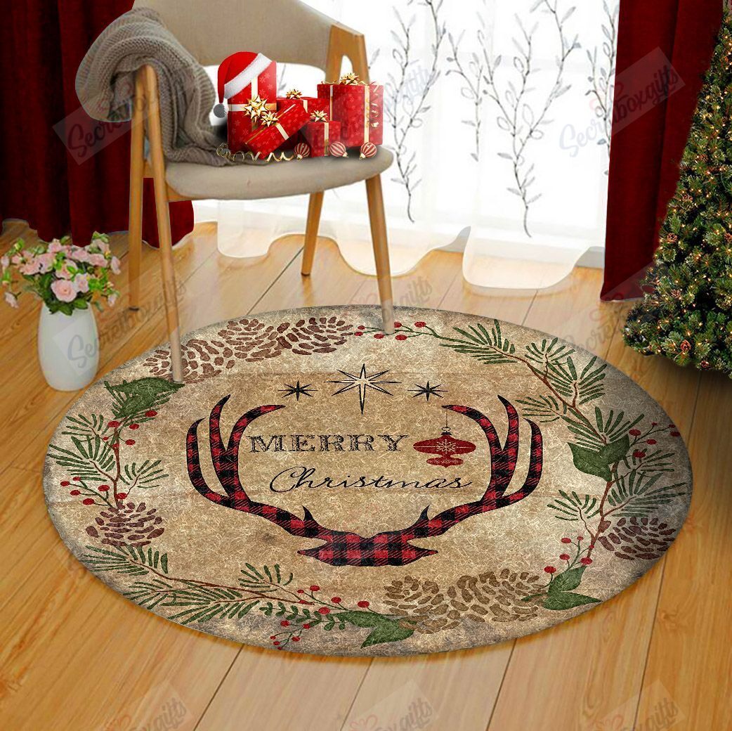 Farmhouse Christmas Lodge Deer Antlers With Wreath Round Carpet
