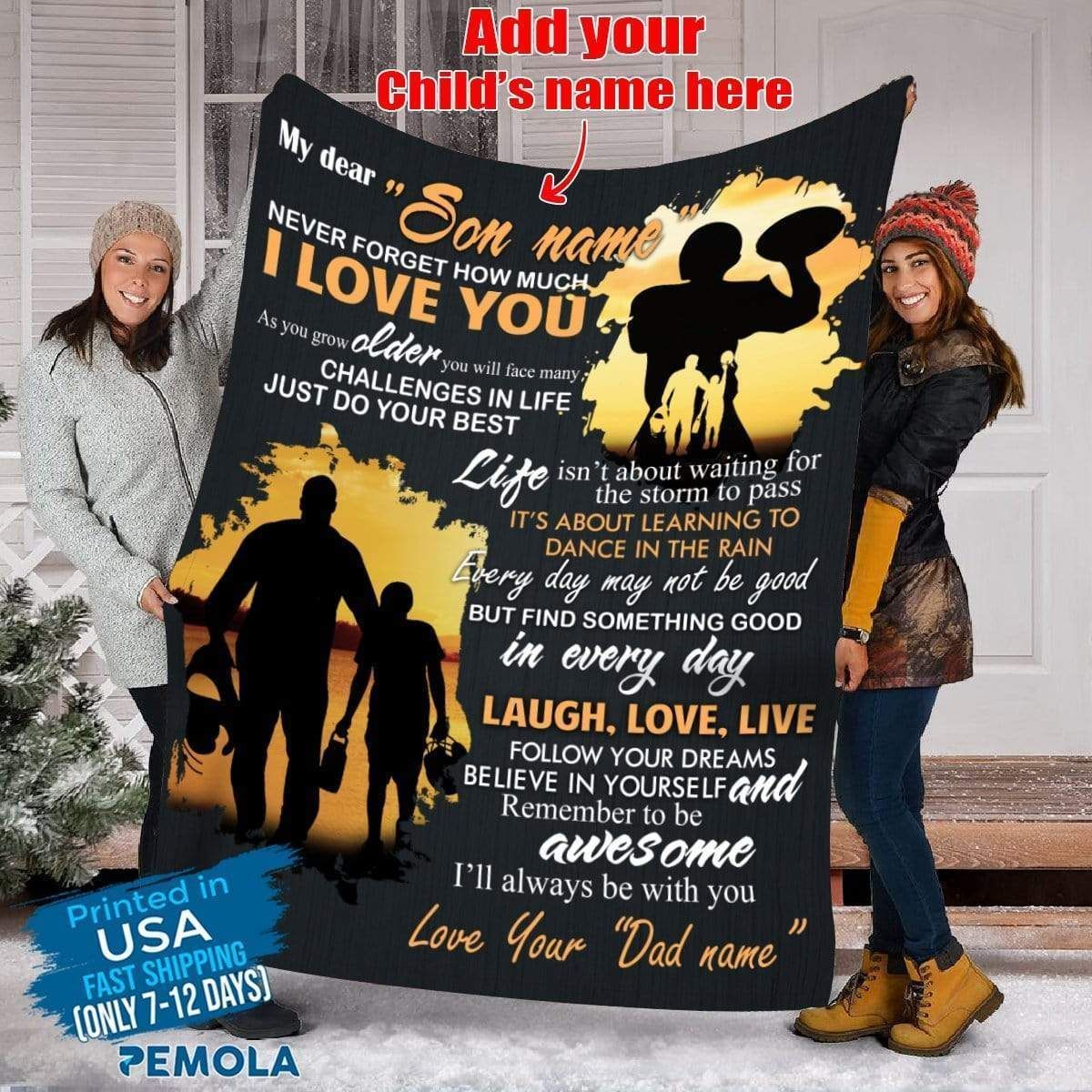 Father Giving Gift For Son American Football Custom Name Fleece Blanket