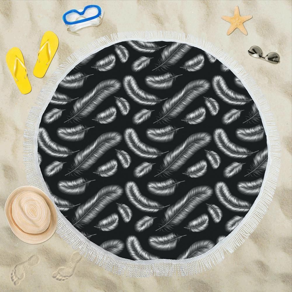 Feather Black White Design Printed Round Beach Towel