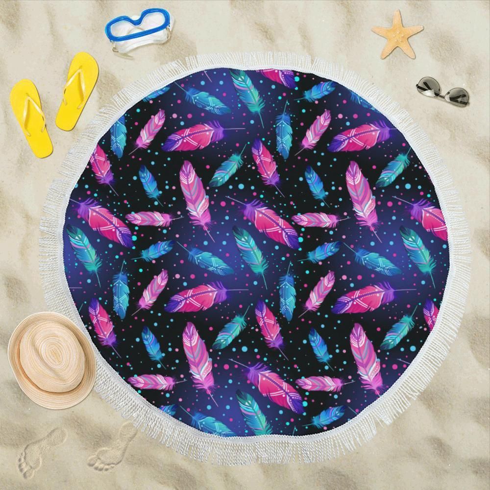 Feather Colorful Boho Design Printed Round Beach Towel