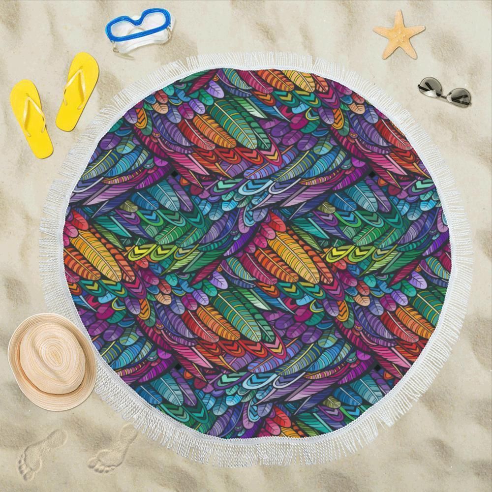 Feather Multicolor Design Printed Round Beach Towel