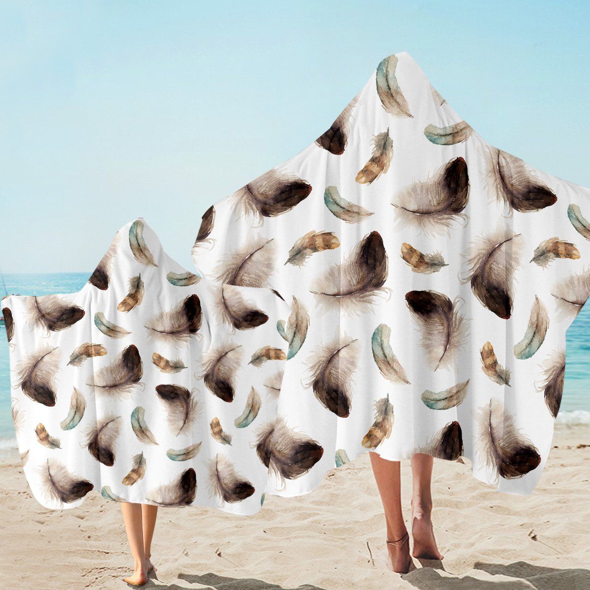 Feather Patterns White Printed Hooded Towel