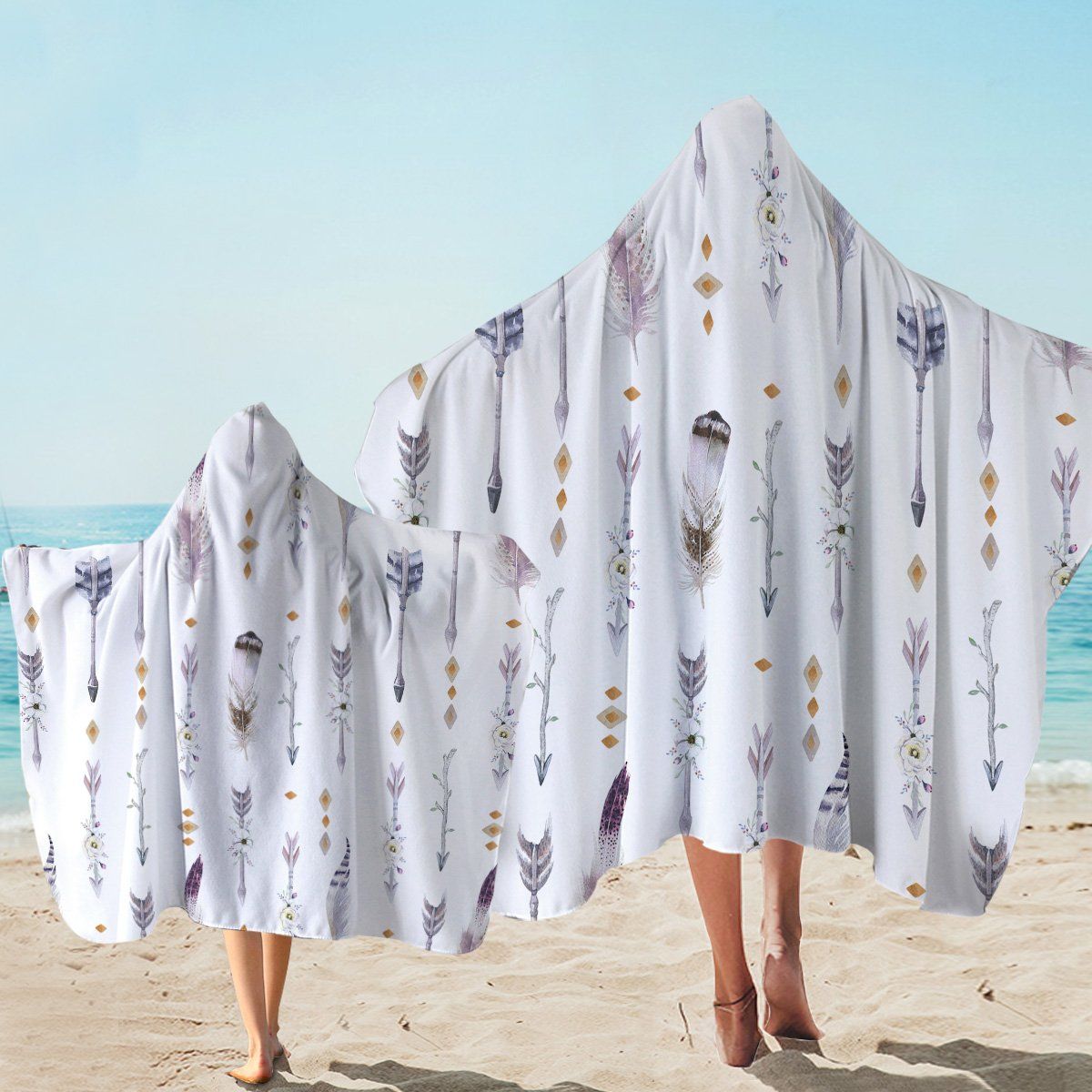 Feathers And Arrows White Printed Hooded Towel