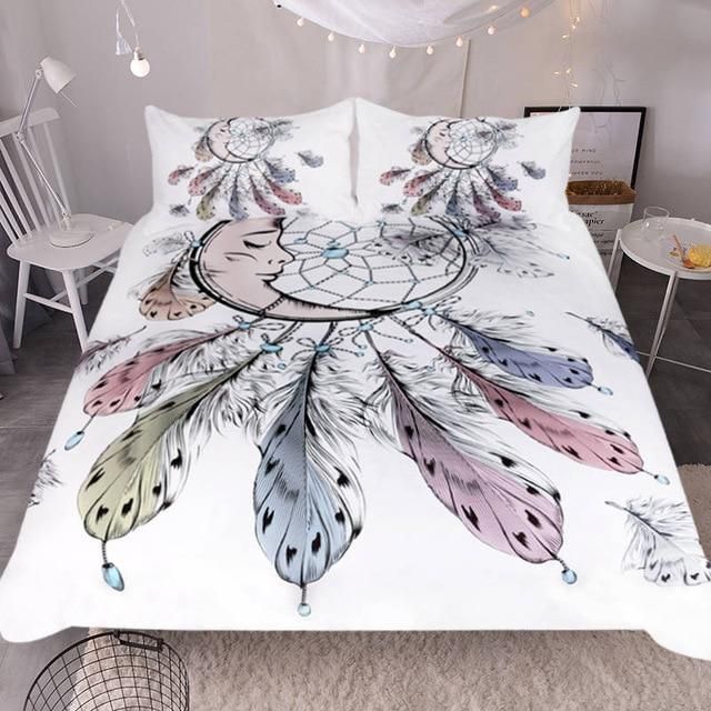 Feathers White Dreamcatcher Native American Bedding Set