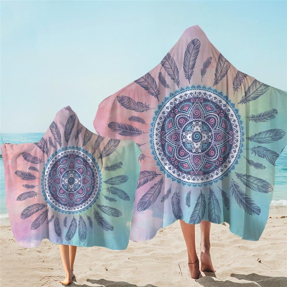 Feathery Mandala Wheel Dreamy Printed Hooded Towel