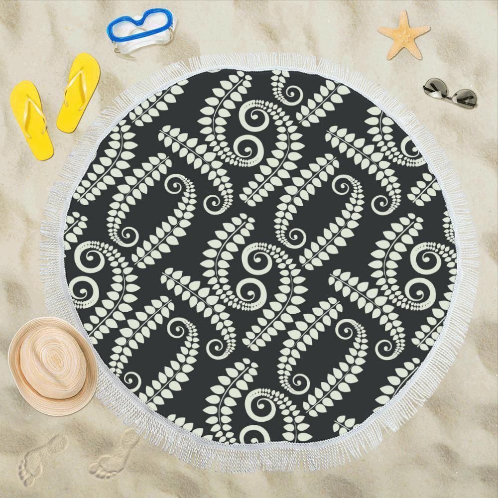 Fern Leave Black And White Printed Round Beach Towel