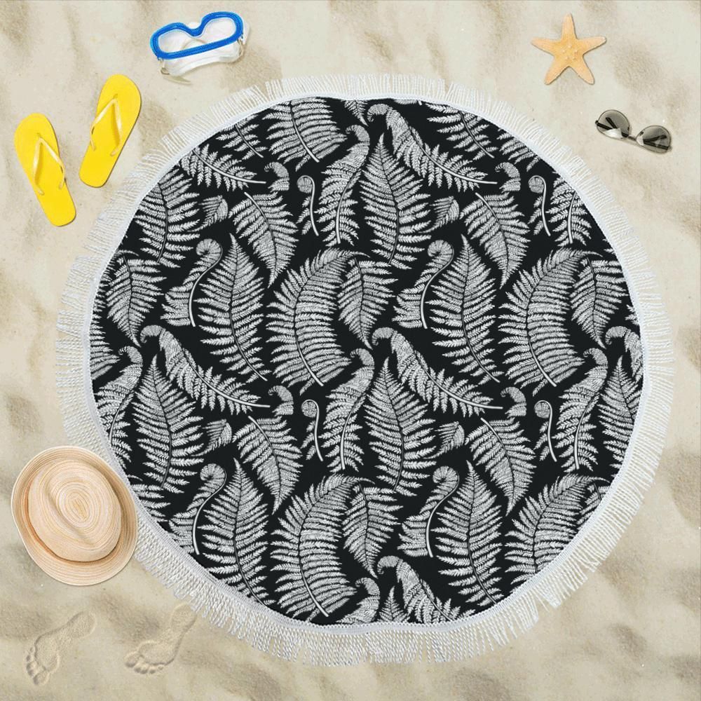 Fern Leave Black White Print Pattern Round Beach Towel
