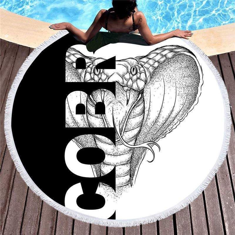 Ferocious Cobra Snake Black And White Round Beach Towel