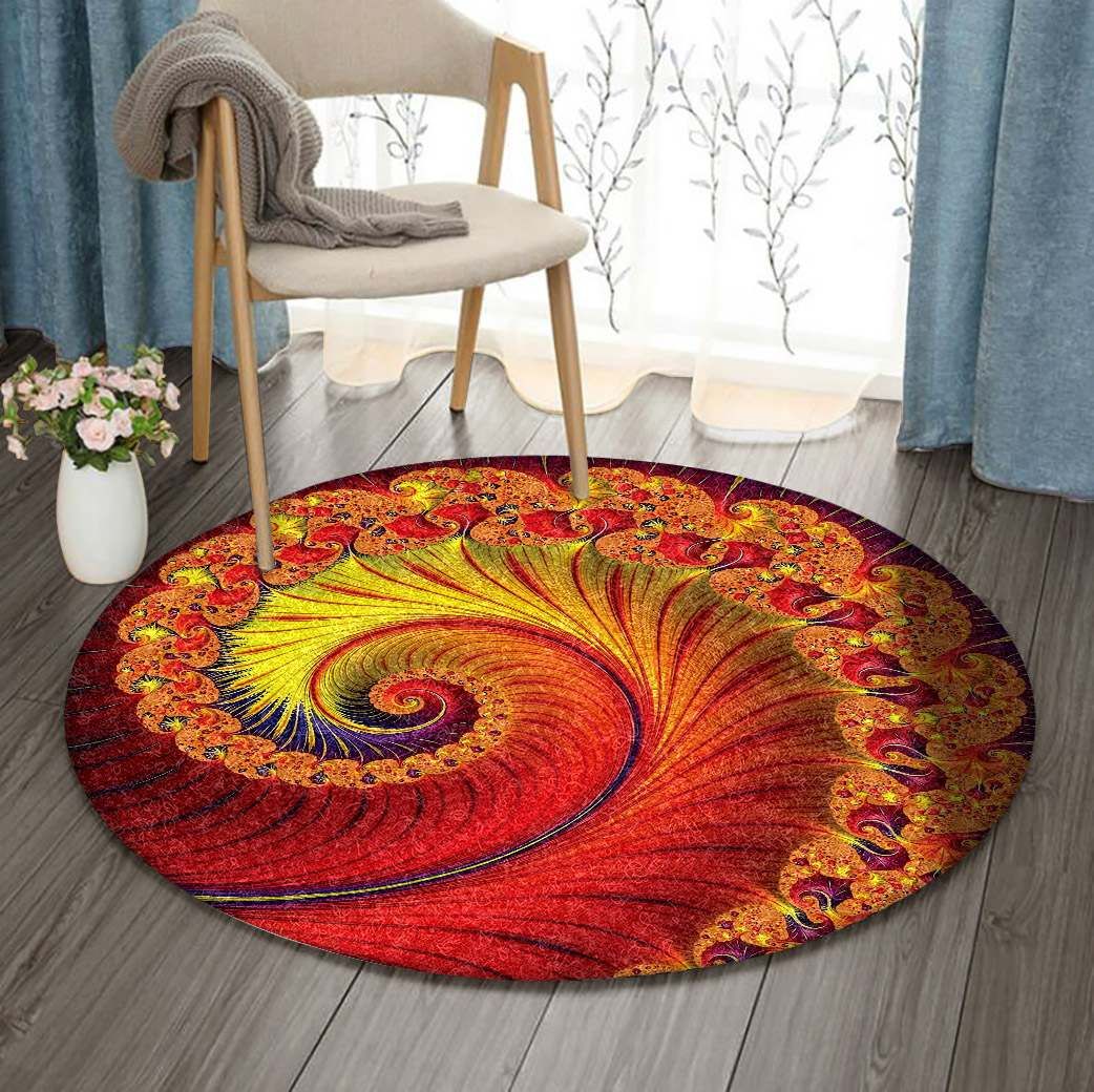 Fibonacci Spiral Art Fractal Red Yellow Round Carpet
