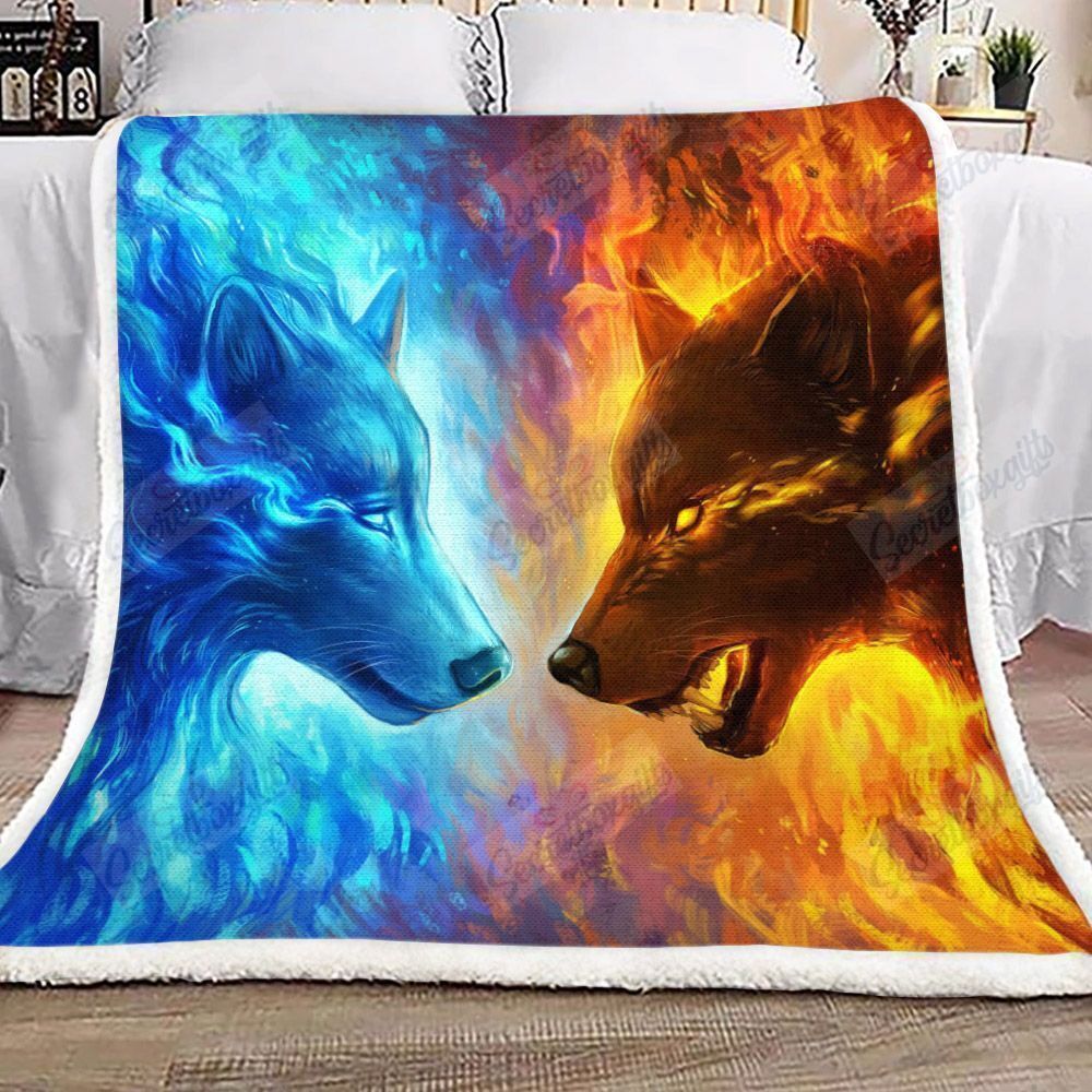 Fire And Ice Blue Wolf Wolves Fleece Blanket