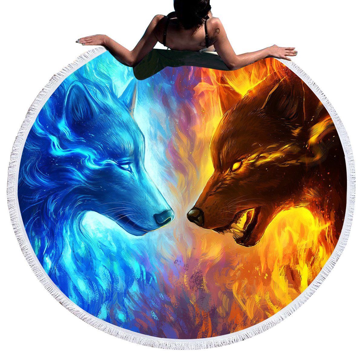 Fire And Ice Wolf By Jojoesart Printed Round Beach Towel