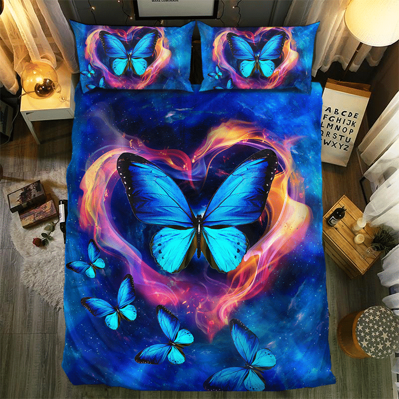 Fire Heart Shaped And Blue Butterfly Bedding Set