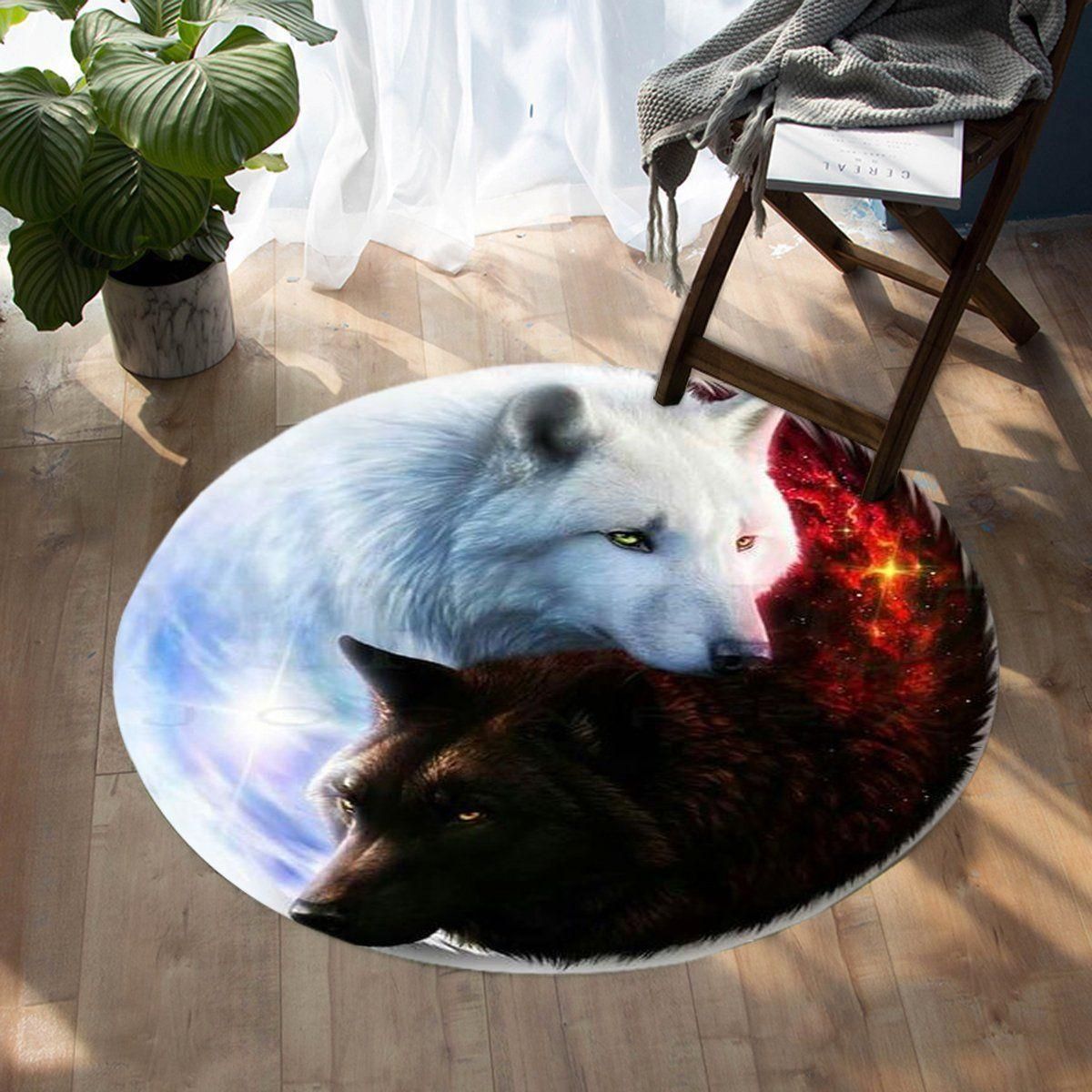 Fire & Ice Yin Yang Wolf Native American Round Carpet