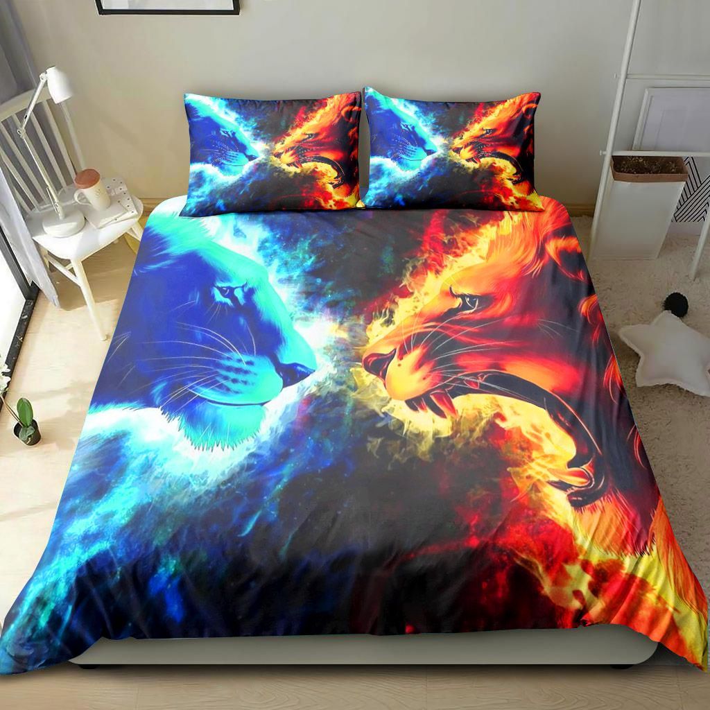 Fire Lion Roaring With Ice Lion Bedding Set