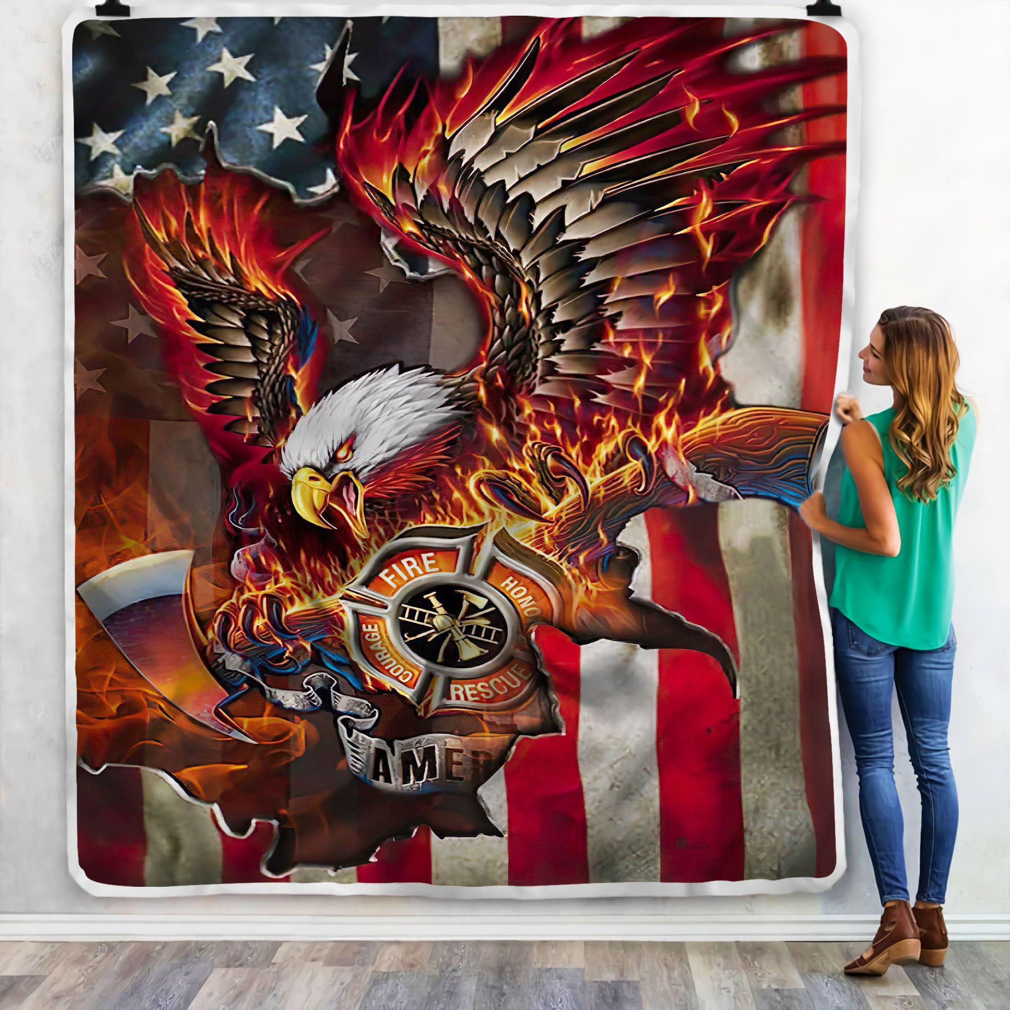 Firefighter American Eagle Fleece Blanket