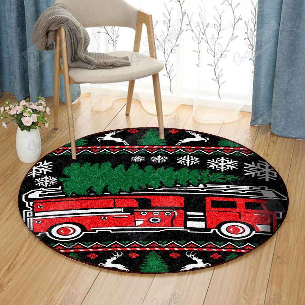 Firefighter Christmas Tree Round Carpet
