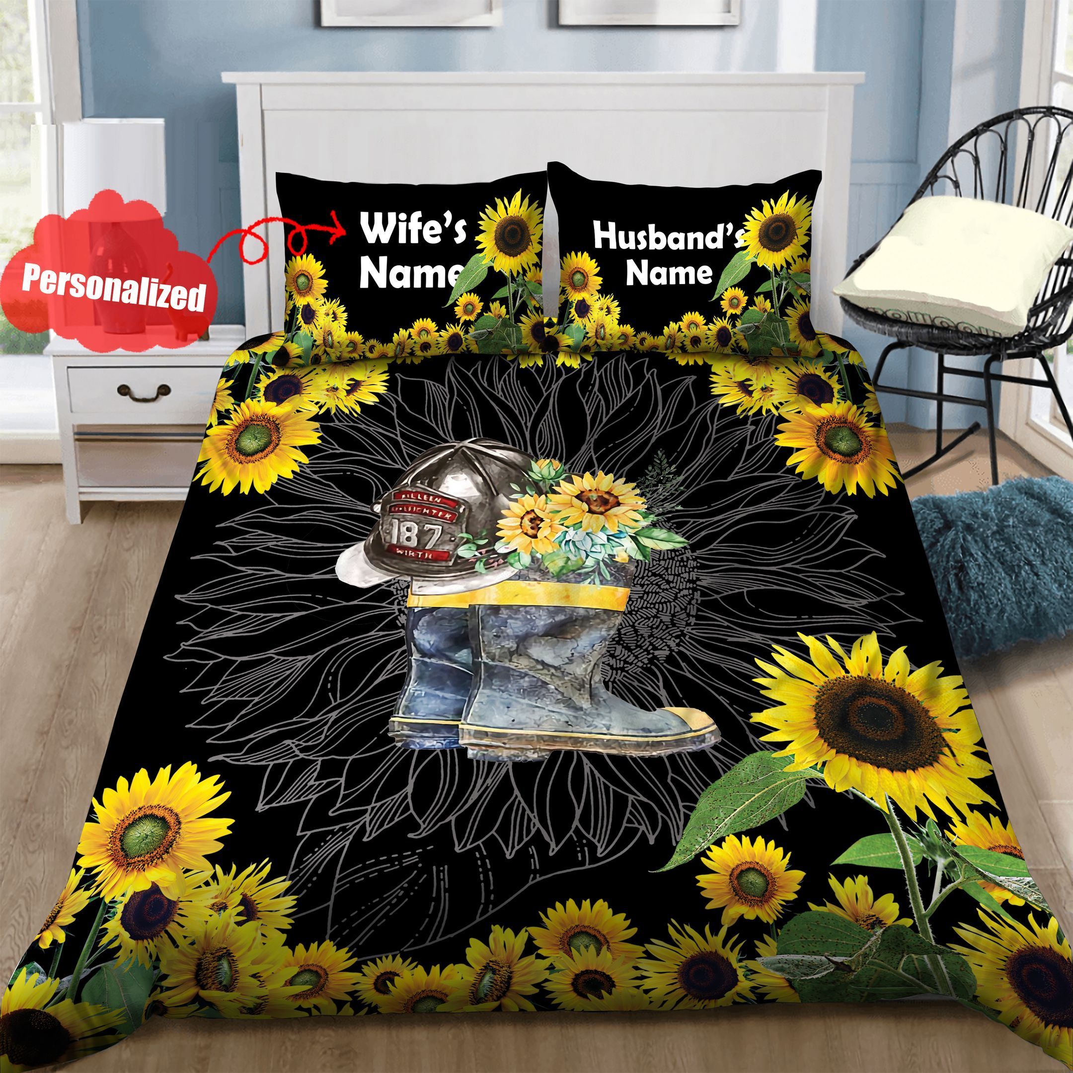 Firefighter Sunflower Personalized Bedding Set