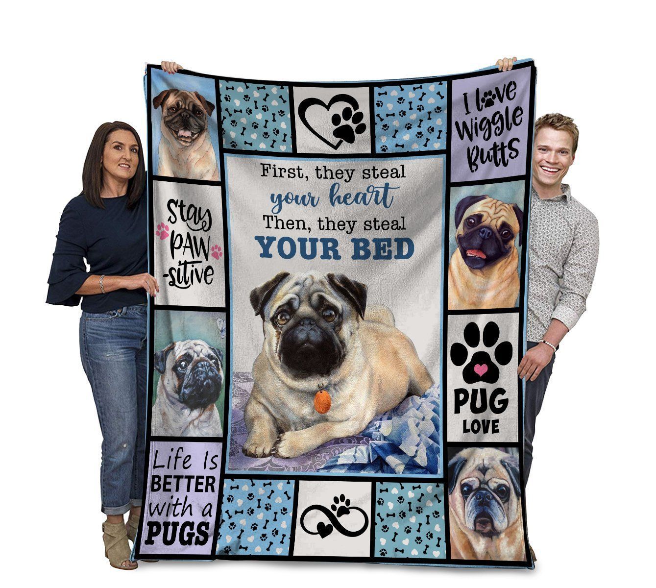 First They Steal Your Heart Then They Steal Your Bed Pug Dog Fleece Blanket