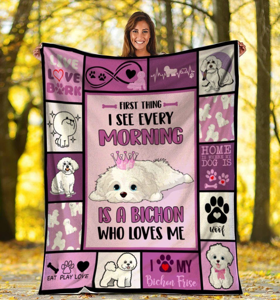 First Thing I See Every Morning Is A Bichon Frise Dog Purple Fleece Blanket