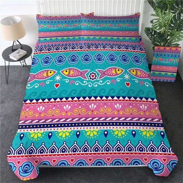 Fish Aztec Pink And Blue Bedding Set