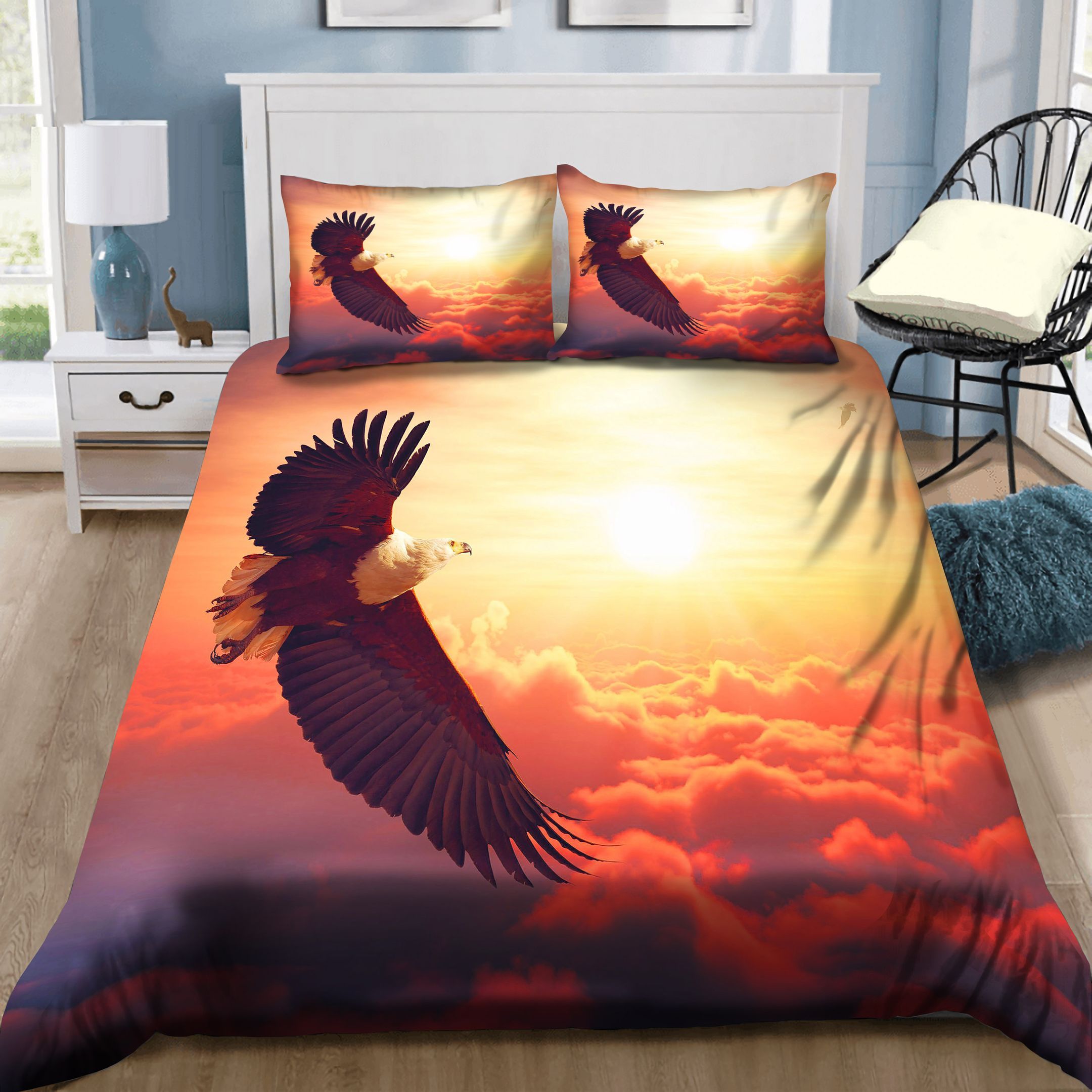 Fish Eagle Flying Above Color Clouds Bedding Set
