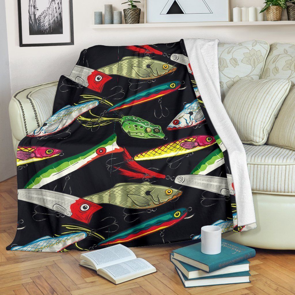 Fishing Bait Print Black Background Fleece Blanket