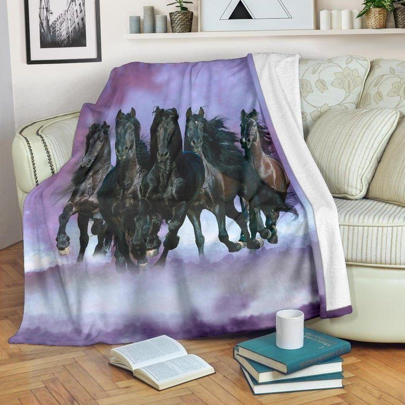 Five Black Horses Running Sherpa Fleece Blanket