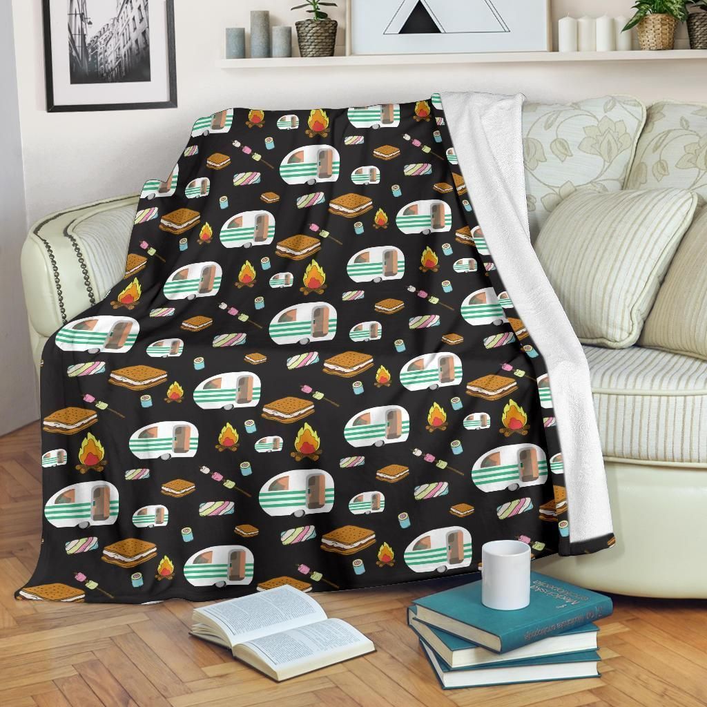 Flame Camper Marshmallow Camping Design Print Fleece Blanket