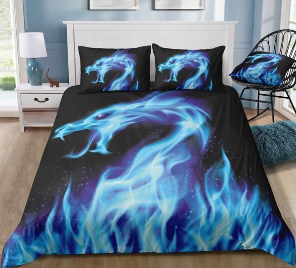 Flame Dragon Blue And Black Bedding Set