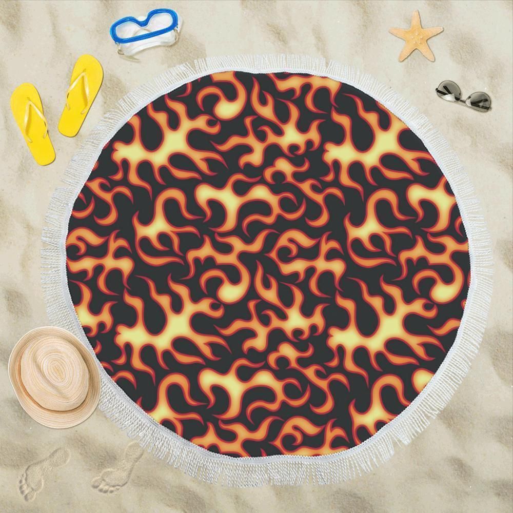 Flame Fire Themed Printed Round Beach Towel