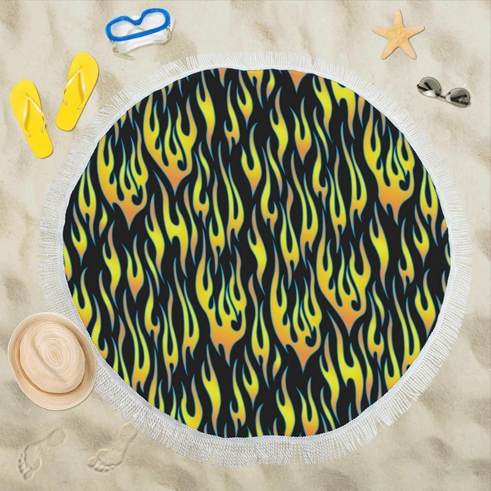 Flame Fire Yellow Pattern Printed Round Beach Towel