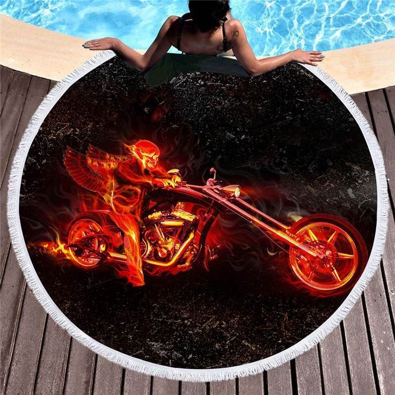 Flame Locomotive Fire Motobike Round Beach Towel
