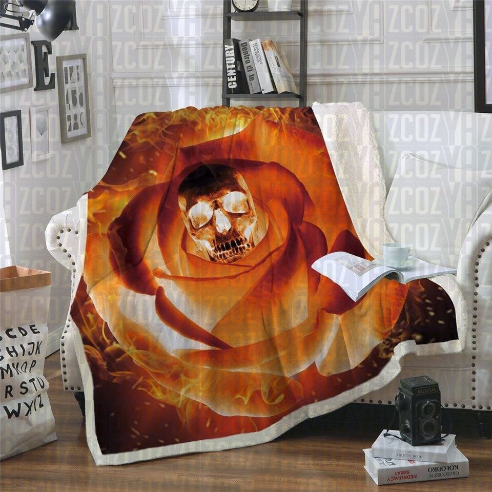 Flaming Rose Skull Sherpa Fleece Blanket
