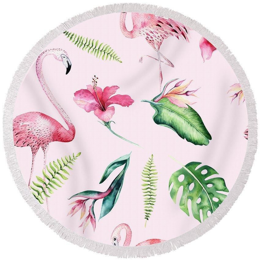 Flamingo And Hibiscus Printed Round Beach Towel