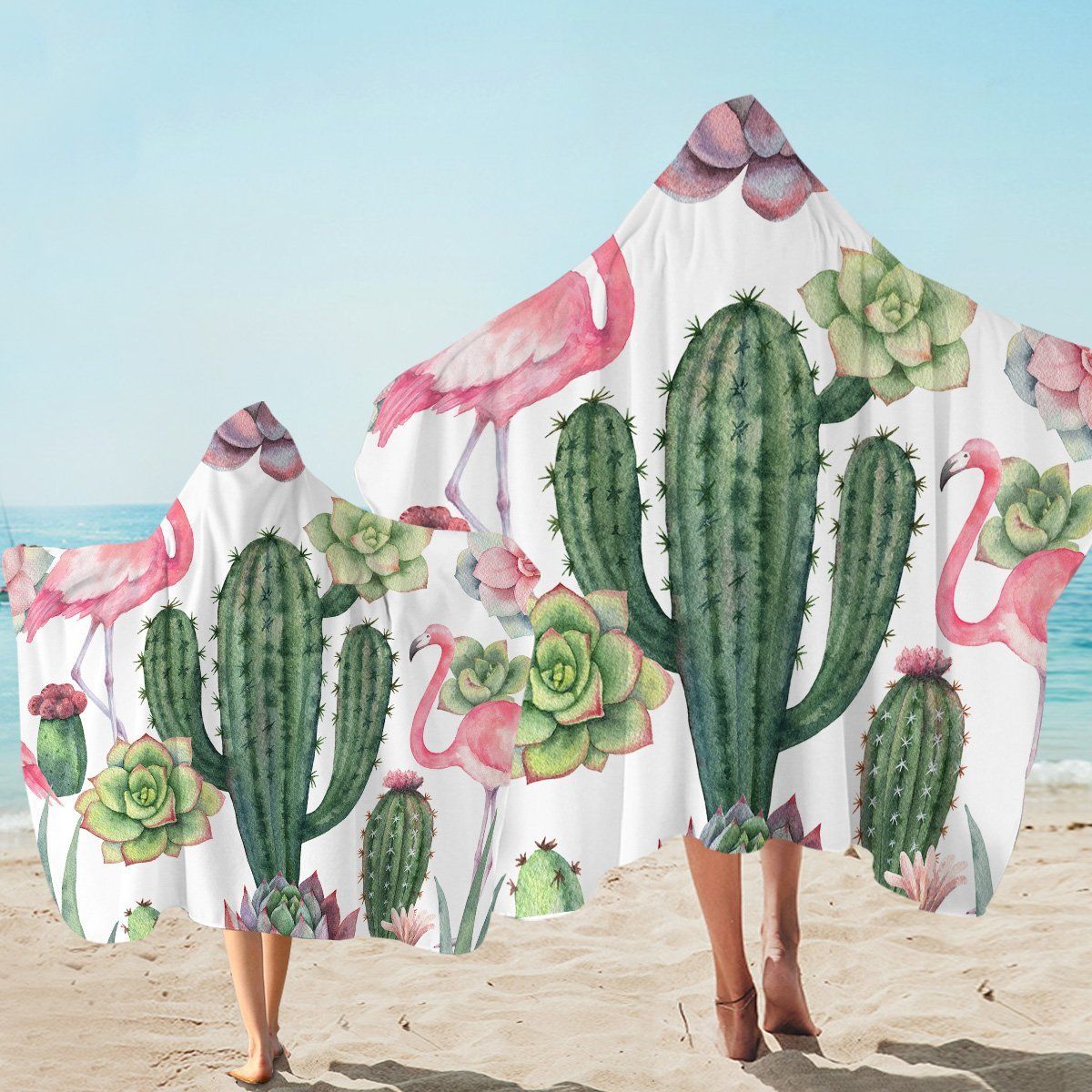 Flamingo And Succulents Green Cactus On White Printed Hooded Towel