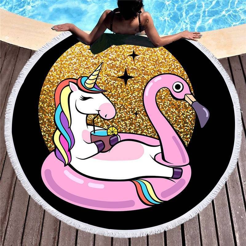 Flamingo And Unicorn Cartoon Round Beach Towel