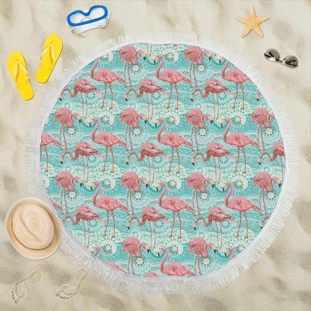 Flamingo Background Themed Print Round Beach Towel