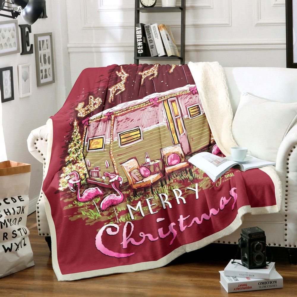 Flamingo Christmas Camper Sherpa Fleece